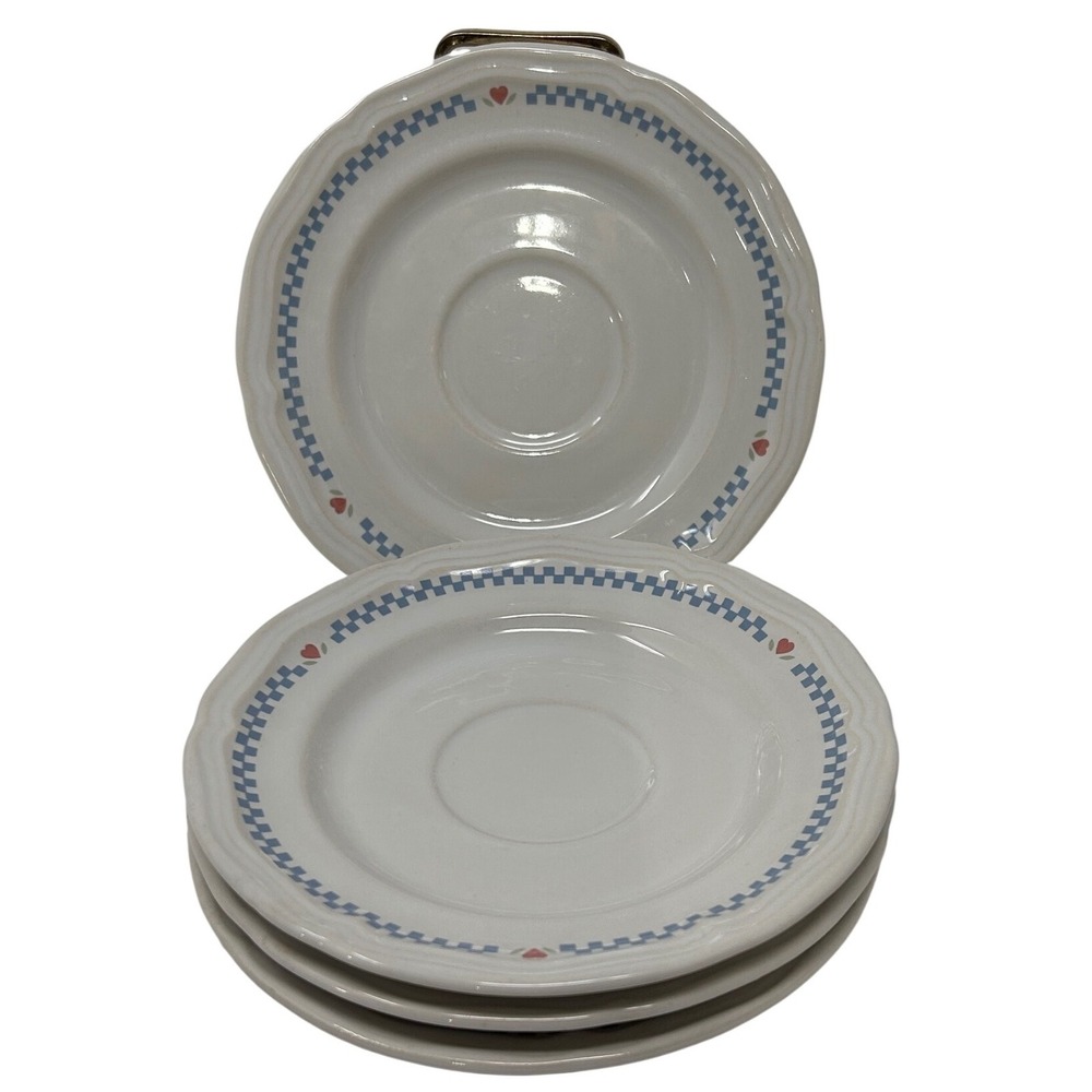Vintage Moonlight Stoneware Saucers Blue Checkered Red Hearts 6.25" Set of 4‎